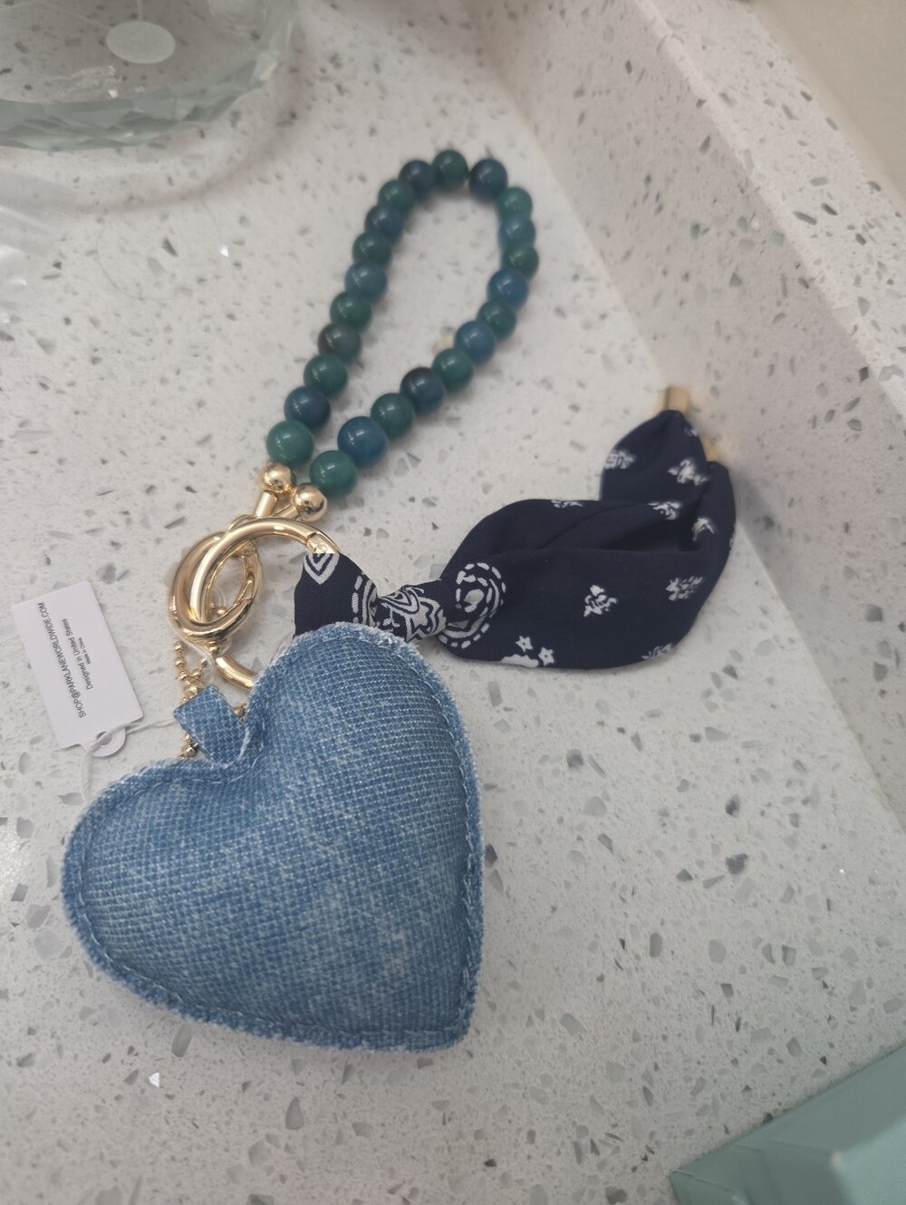 Park Lane Blue Denim Heart Keychain Wristlet with Beaded Strap